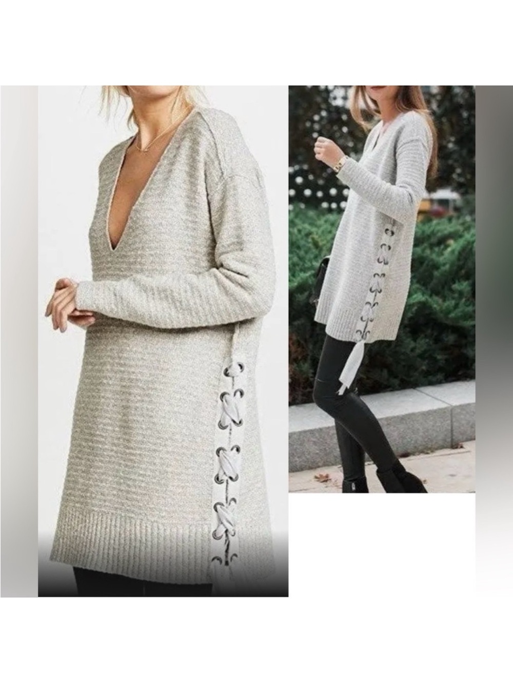 Free People Light Gray Lace-Up Side V-Neck Tunic heart it up lace Xs